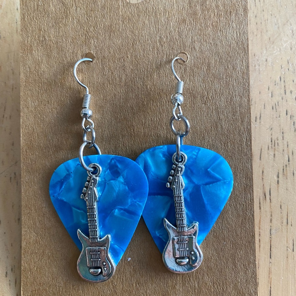 Blue Guitar Pick Earrings with silver tone guitar charm